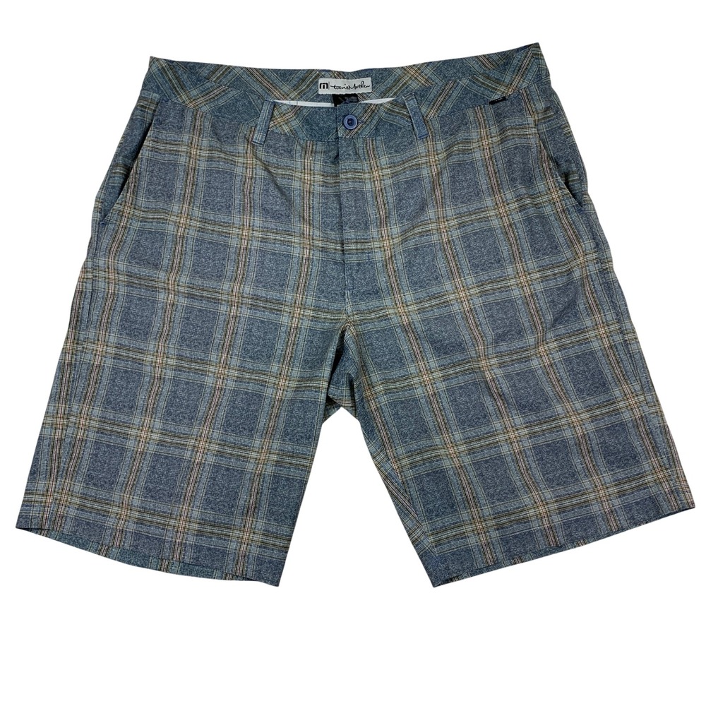 TravisMathew Mens Blue Plaid‎ Golf Shorts Size 38 Performance Stretch Flat Front